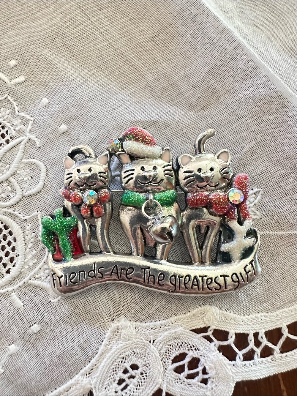 Vintage Friends Are The Greatest Gift Cat Christmas Brooch